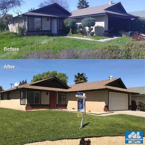 before and after views of a property's yard improvement
