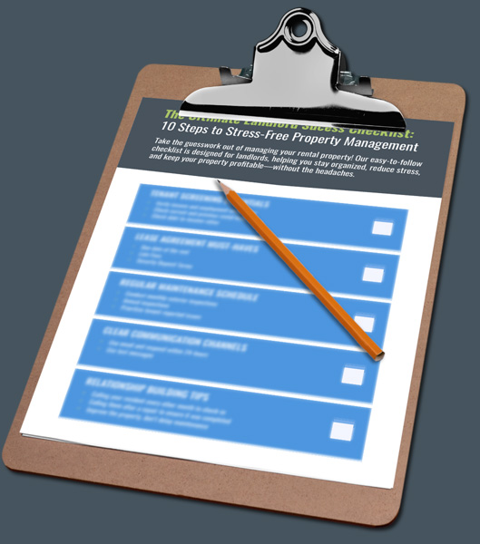 clipboard with Management One's Ultimate Landlord Checklist clipped to it